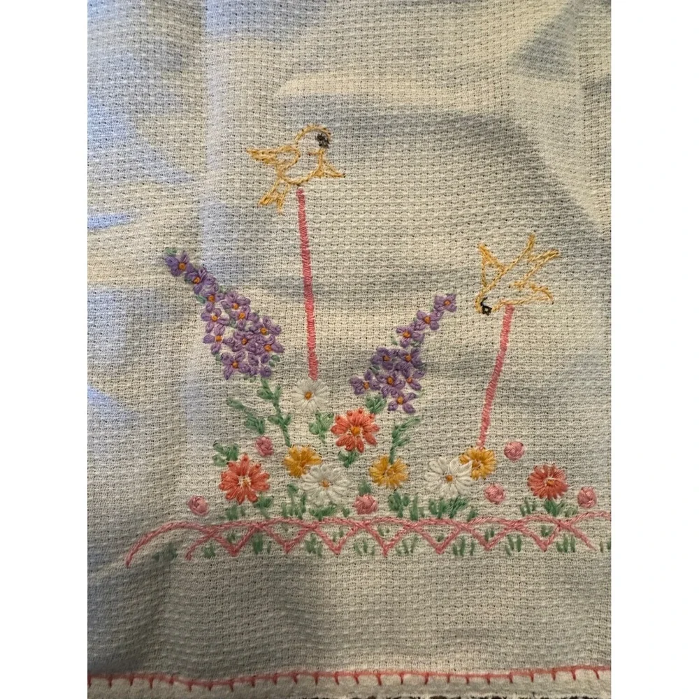 Vintage Hand-Embroidered Kitchen Tea Towel Sweet Garden Birds & Floral Lace Edge